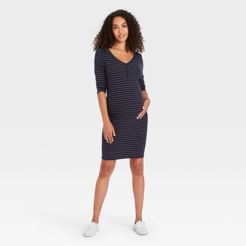 3/4 Sleeve Ribbed Maternity Dress - Maternity by Ingrid & Isabel Navy Striped XS